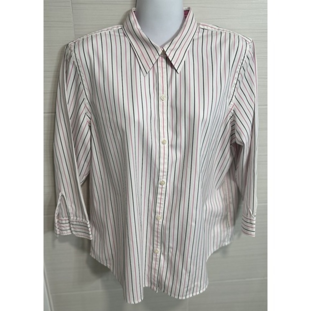 Lauren Ralph Lauren White Black Pink Stripe Full Button Shirt XL, Casual‎ Office
